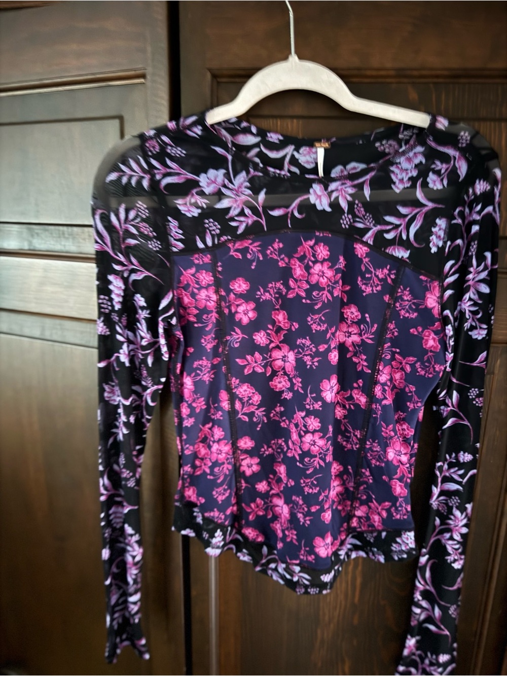 Free People Navy Long-Sleeve Floral Mesh Top with Pink Print